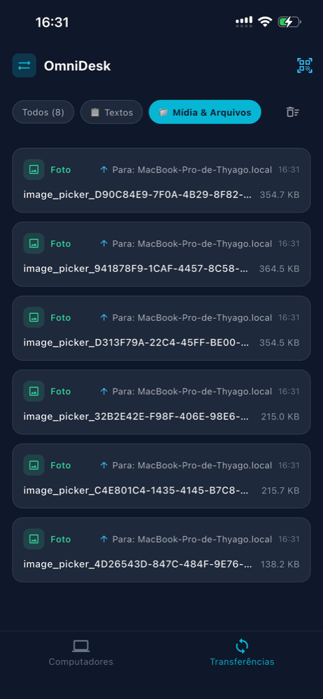 Histórico de transferências filtrado por fotos enviadas ao computador, com o tamanho de cada uma