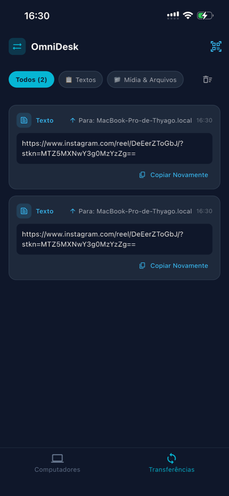 Histórico de transferências filtrado por textos enviados ao computador