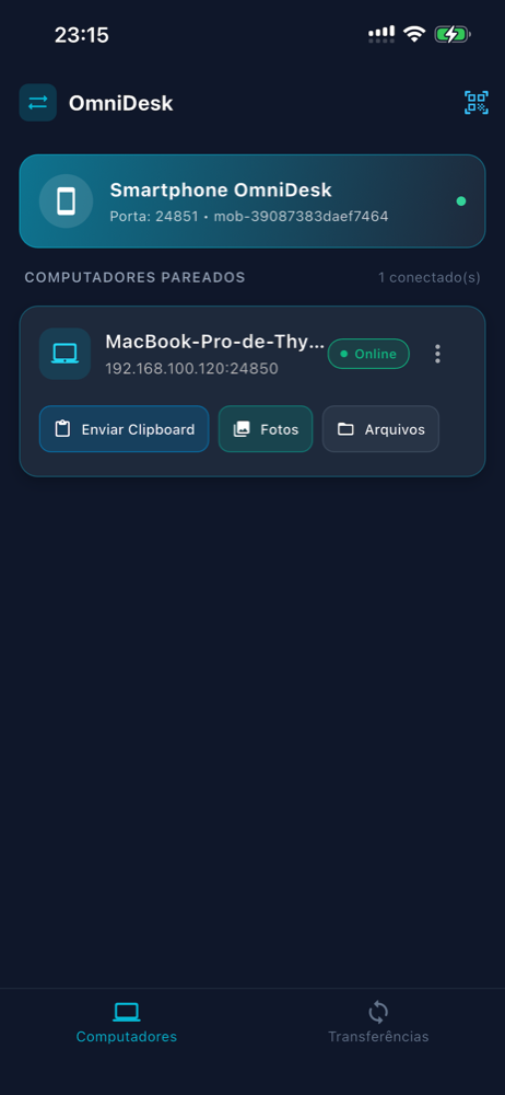 Aplicativo com um computador pareado e online, com os botões Enviar Clipboard, Fotos e Arquivos
