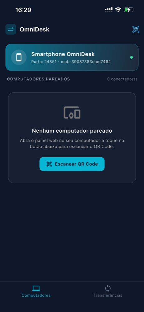 Tela inicial do aplicativo sem computador pareado, com o botão Escanear QR Code